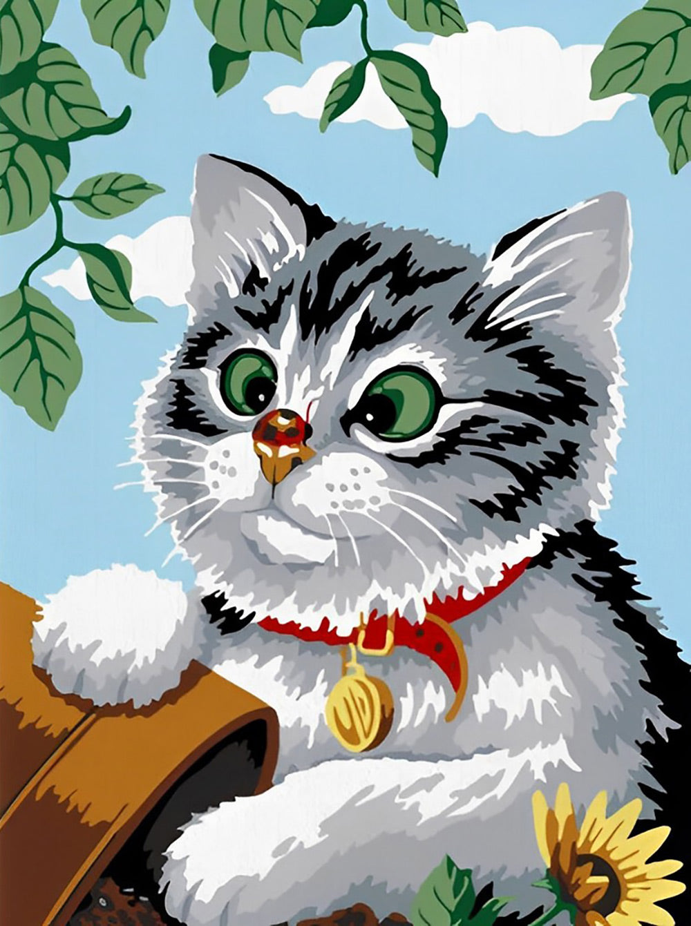 Chrysanthemum en een Kat met Bellen Diamond Painting