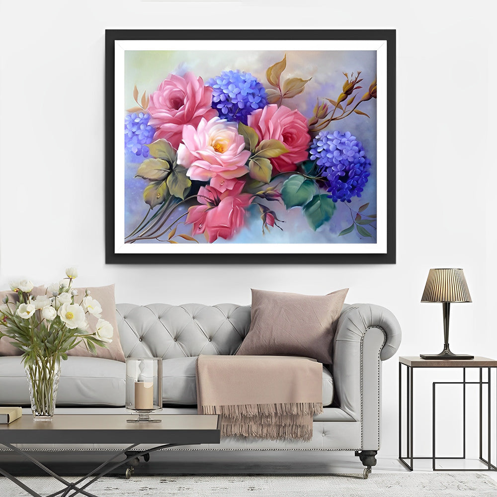 Combinatie van Rozen en Blauwe Hortensia's Diamond Painting