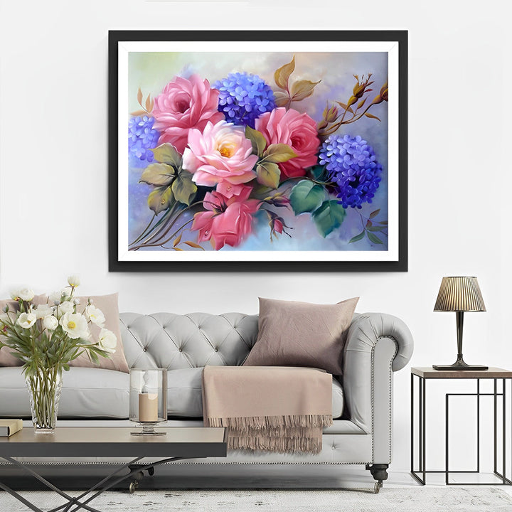Combinatie van Rozen en Blauwe Hortensia's Diamond Painting