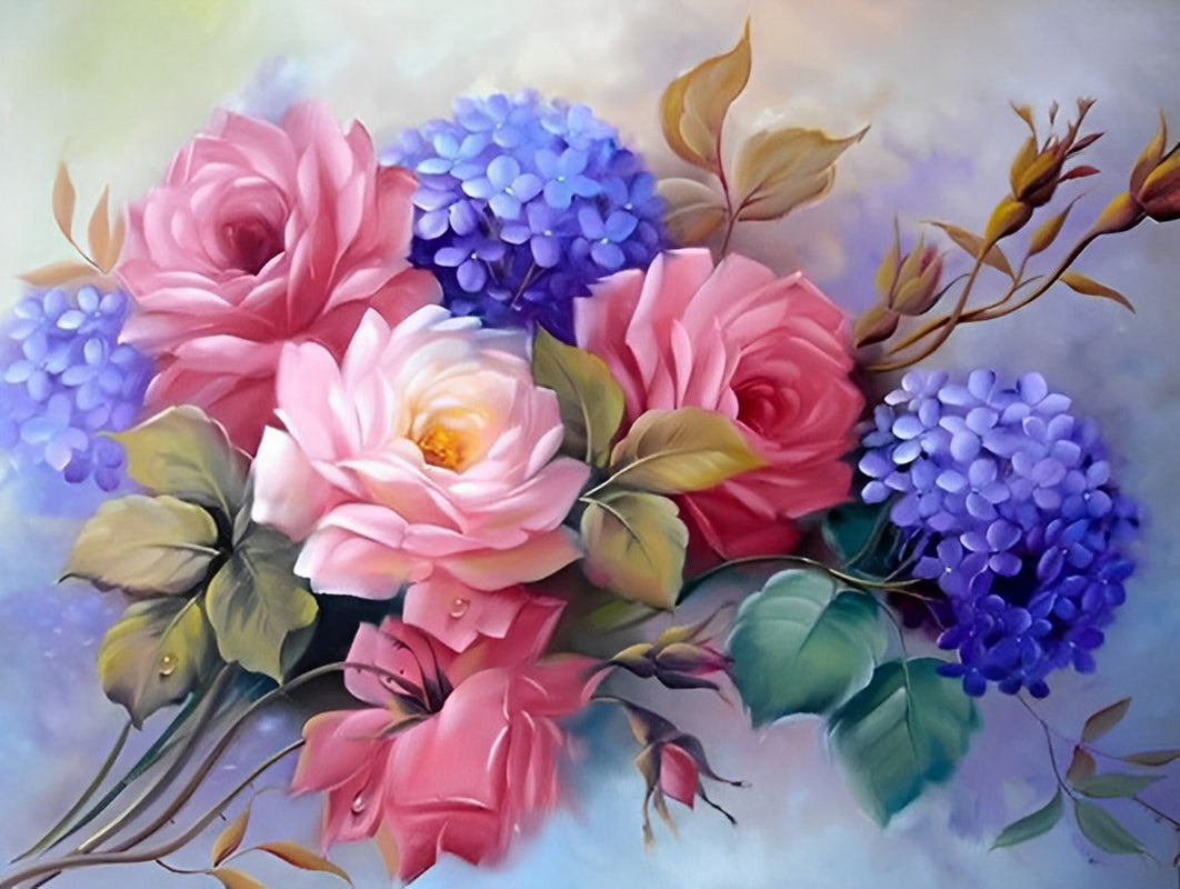 Combinatie van Rozen en Blauwe Hortensia's Diamond Painting