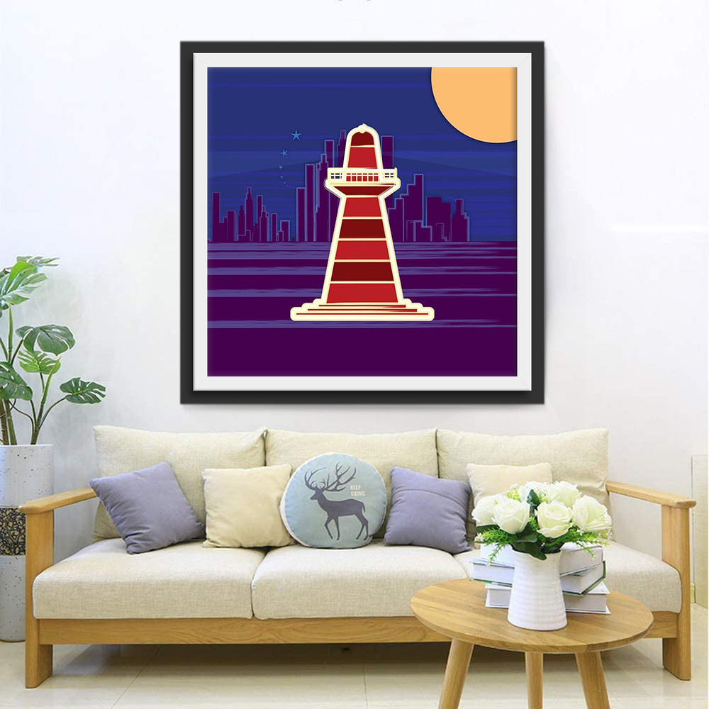Contrast tussen Stad en Vuurtoren in de Avond Diamond Painting