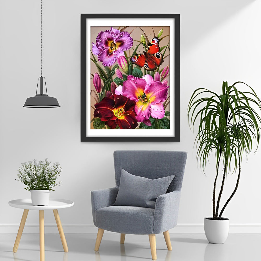 Daglelies in Verschillende Kleuren met een Bonte Vinder Diamond Painting