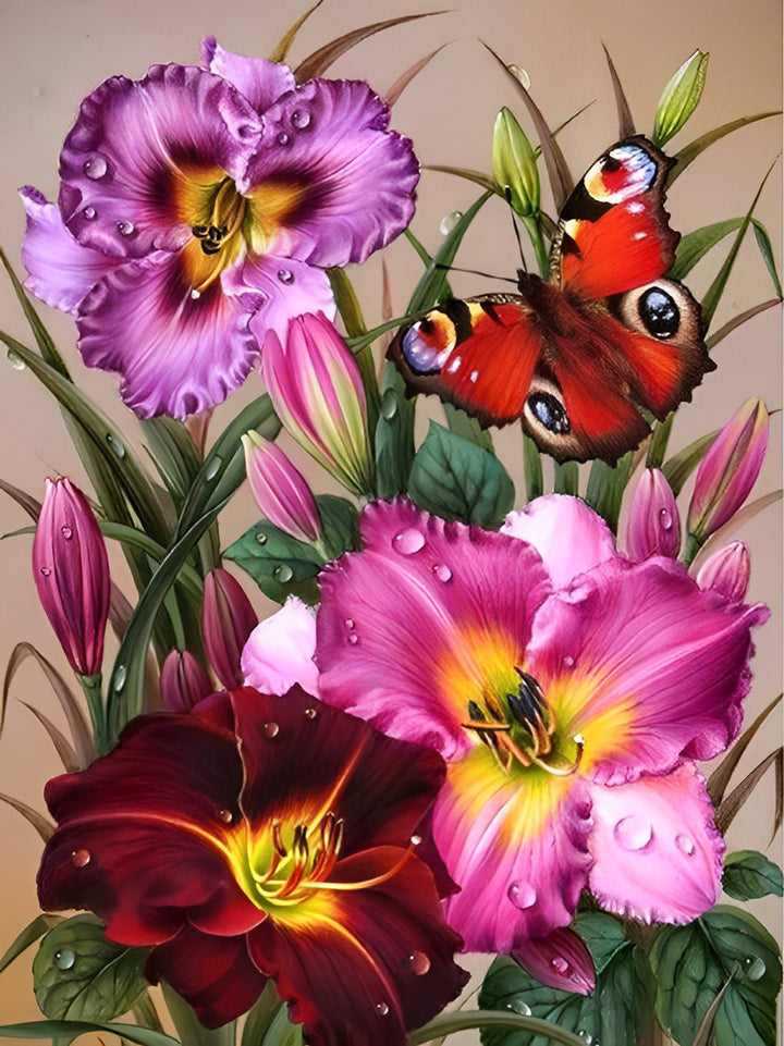 Daglelies in Verschillende Kleuren met een Bonte Vinder Diamond Painting