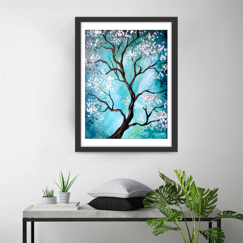 De Boom met de Roze Bloesems onder de Groene Hemel Diamond Painting