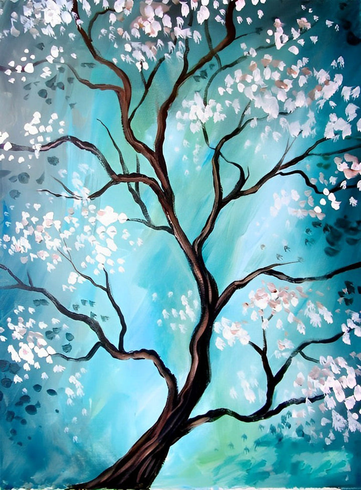 De Boom met de Roze Bloesems onder de Groene Hemel Diamond Painting