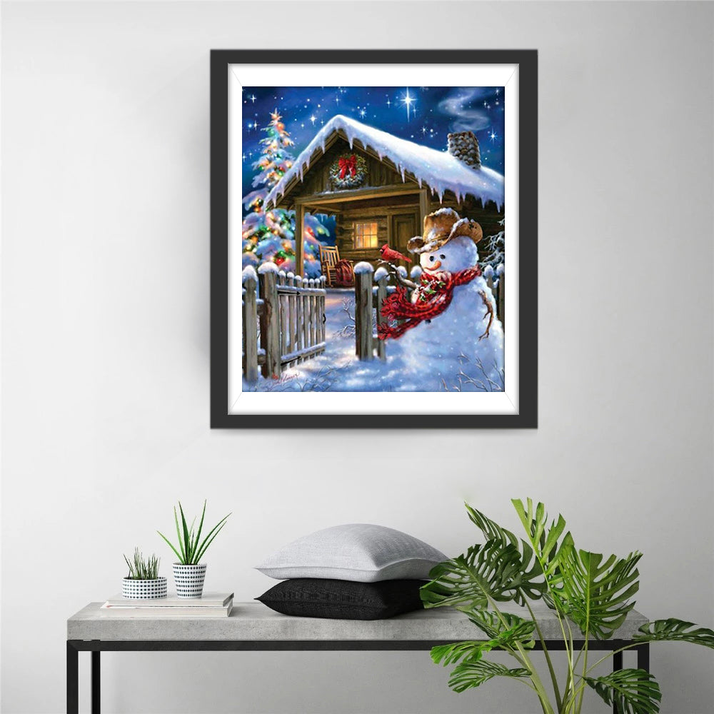 De Charmante Sneeuwman voor het Knusse Kersthuisje Diamond Painting