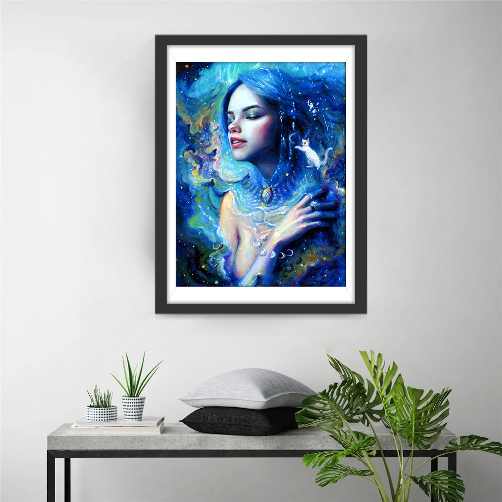 De Dromerige Geest in de Sterrengeheimen met Blauwe Haarweelde Diamond Painting
