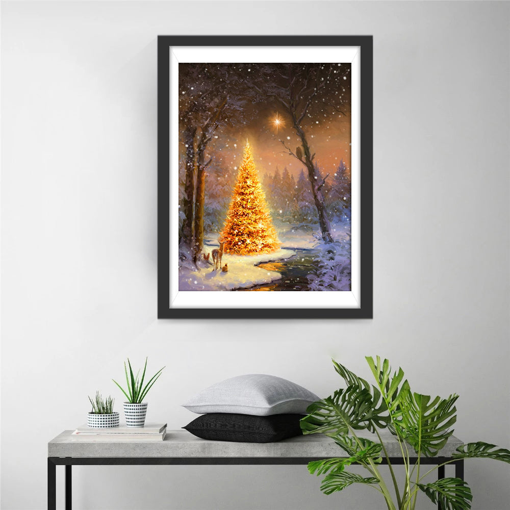 De Goudkleurige Boom in de Sneeuw bij Nacht Diamond Painting