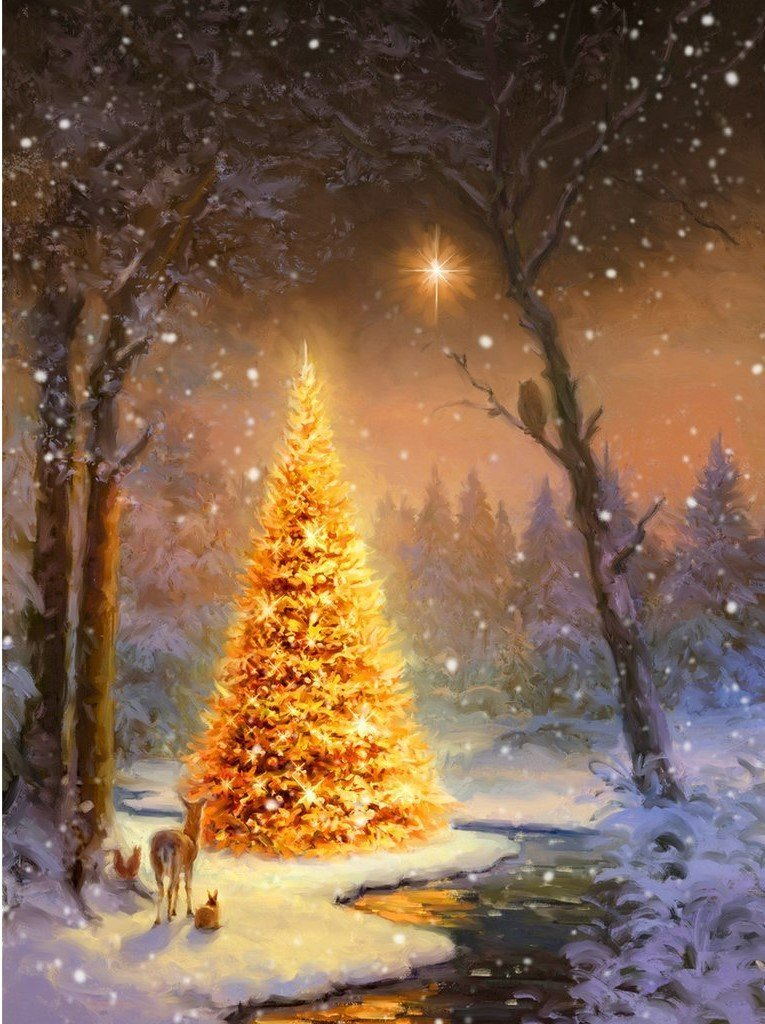 De Goudkleurige Boom in de Sneeuw bij Nacht Diamond Painting
