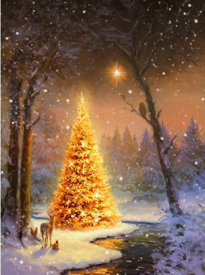 De Goudkleurige Boom in de Sneeuw bij Nacht Diamond Painting