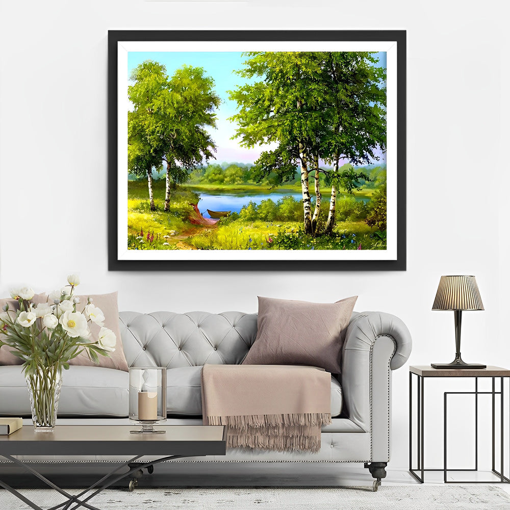 De Groene Bomen en Weiden aan de Oever van het Meer Diamond Painting