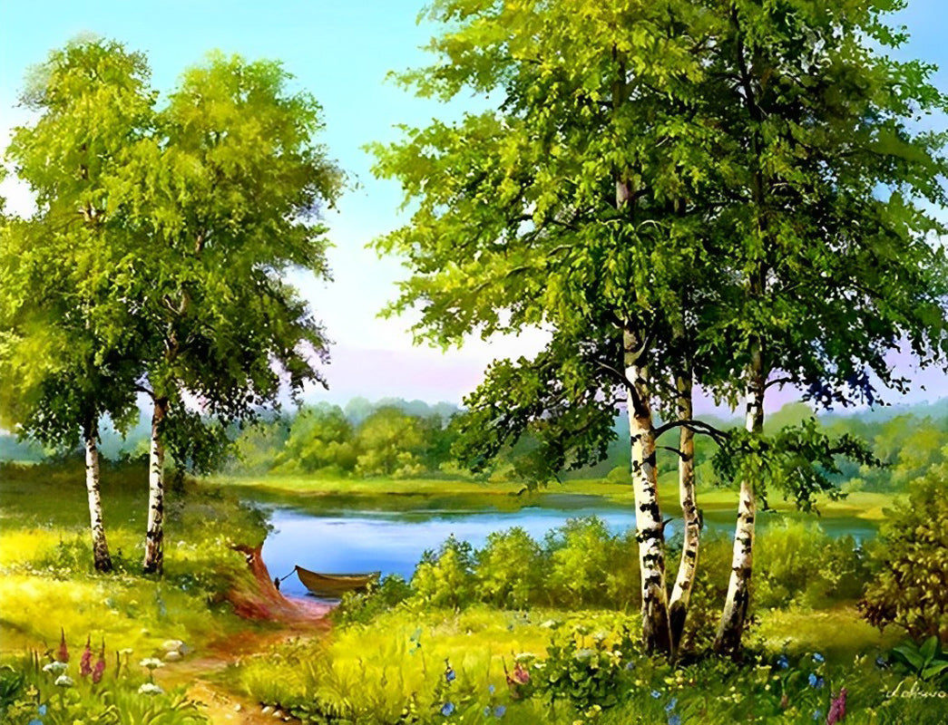 De Groene Bomen en Weiden aan de Oever van het Meer Diamond Painting
