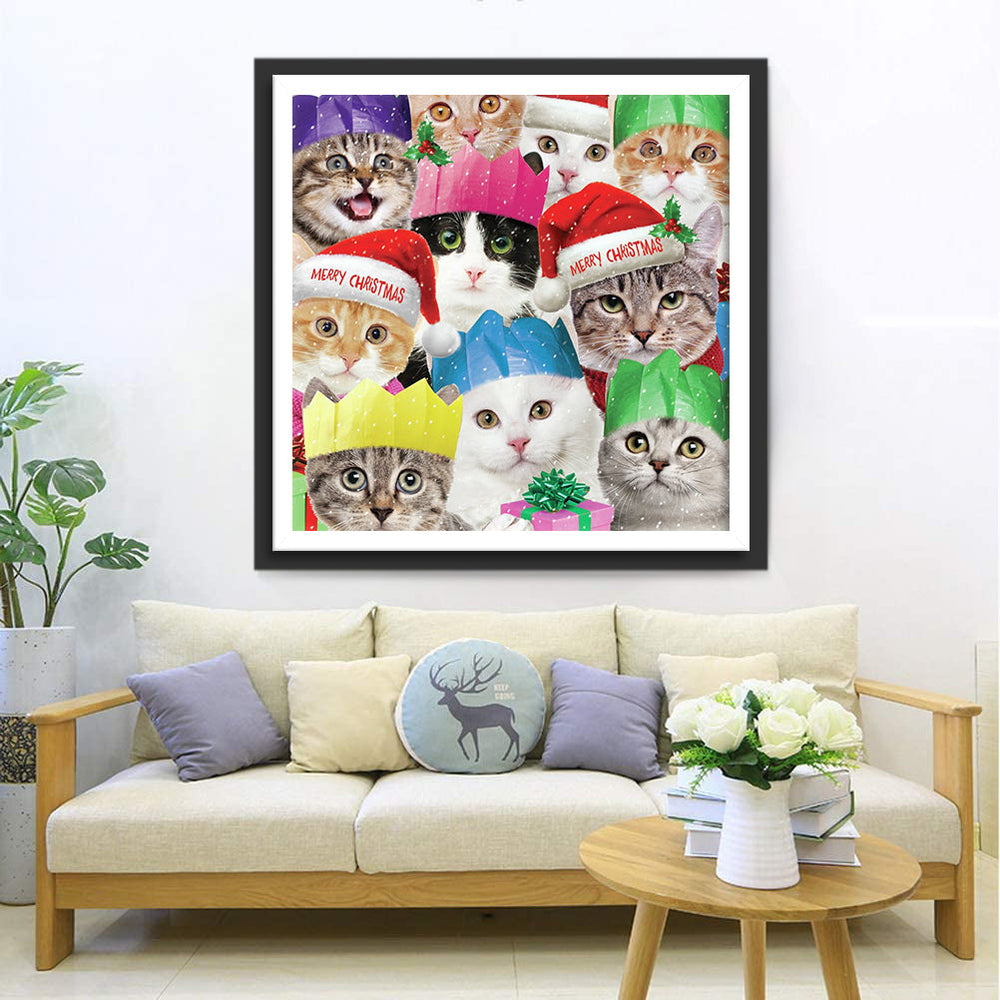 De Groep Katten in Verschillende Kersthoedjes Diamond Painting