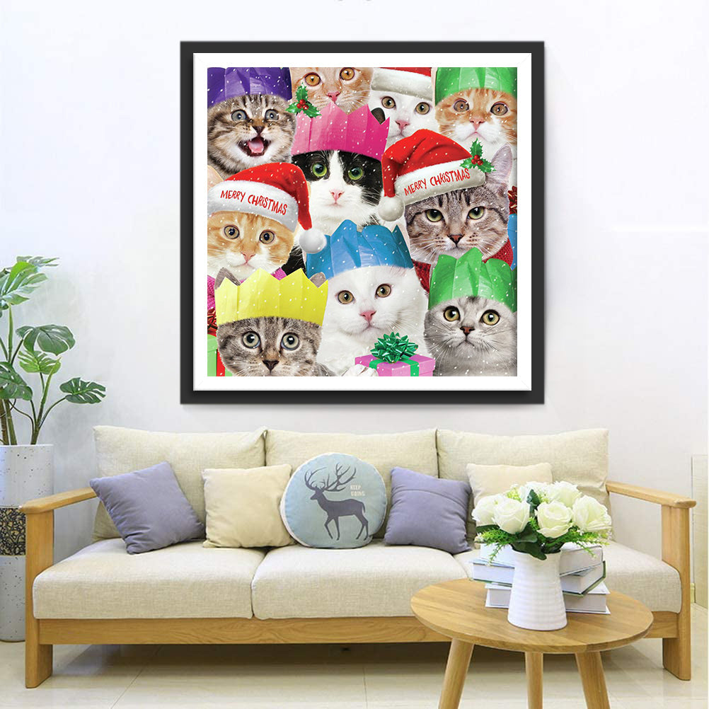 De Groep Katten in Verschillende Kersthoedjes Diamond Painting