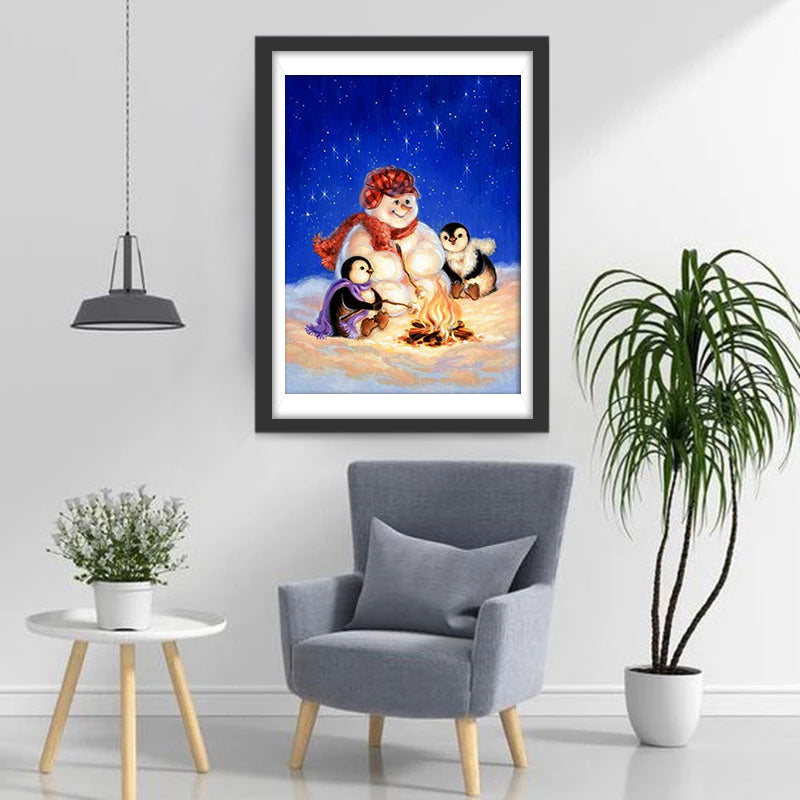 De Grote Sneeuwman en de Twee Kleine Pinguïns bij het Kampvuur Diamond Painting