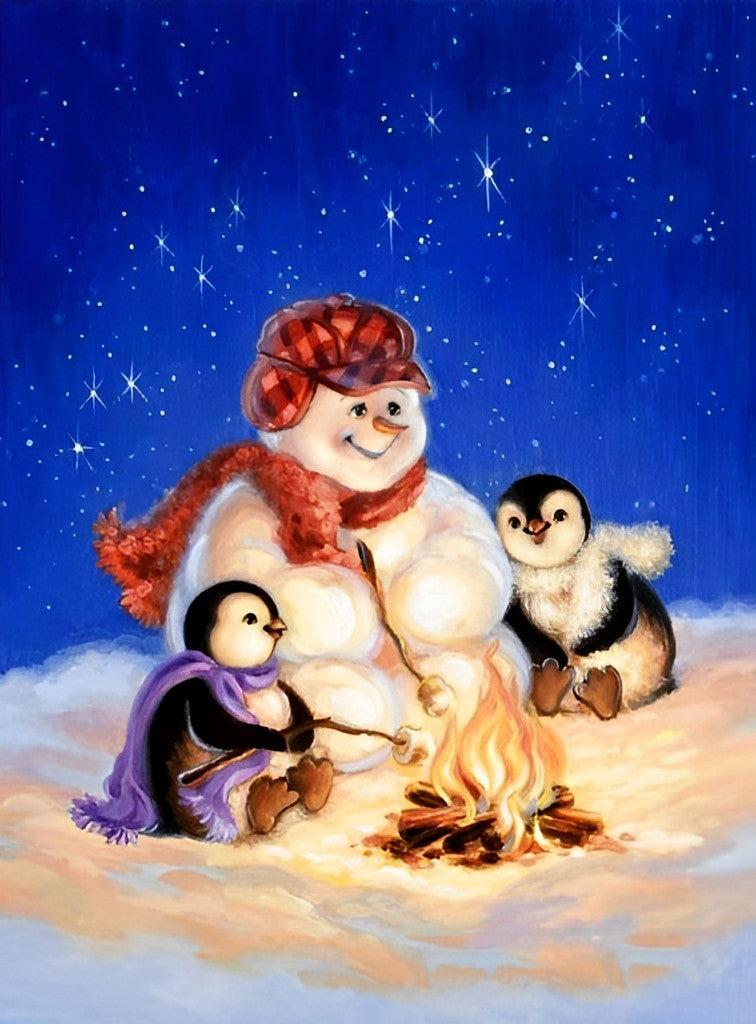 De Grote Sneeuwman en de Twee Kleine Pinguïns bij het Kampvuur Diamond Painting