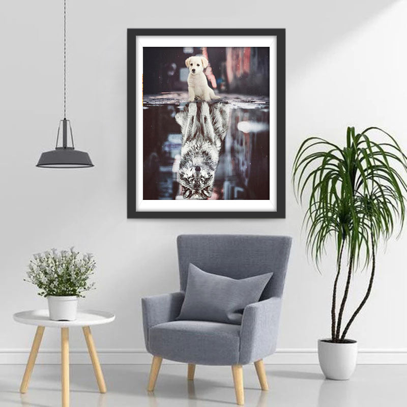 De Hond en de Weerspiegeling van de Wolf in het Water Diamond Painting