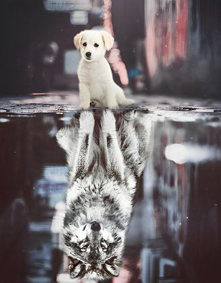 De Hond en de Weerspiegeling van de Wolf in het Water Diamond Painting