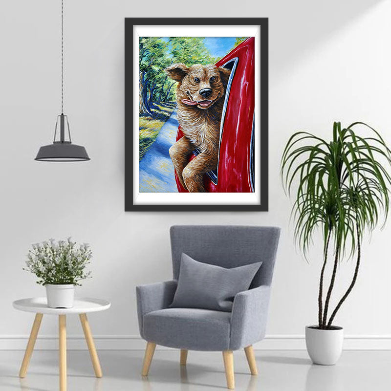 De Hond in de Rode Auto Diamond Painting