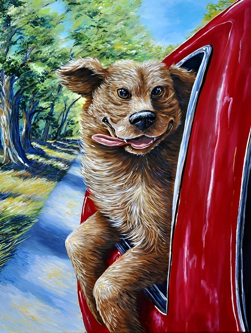 De Hond in de Rode Auto Diamond Painting