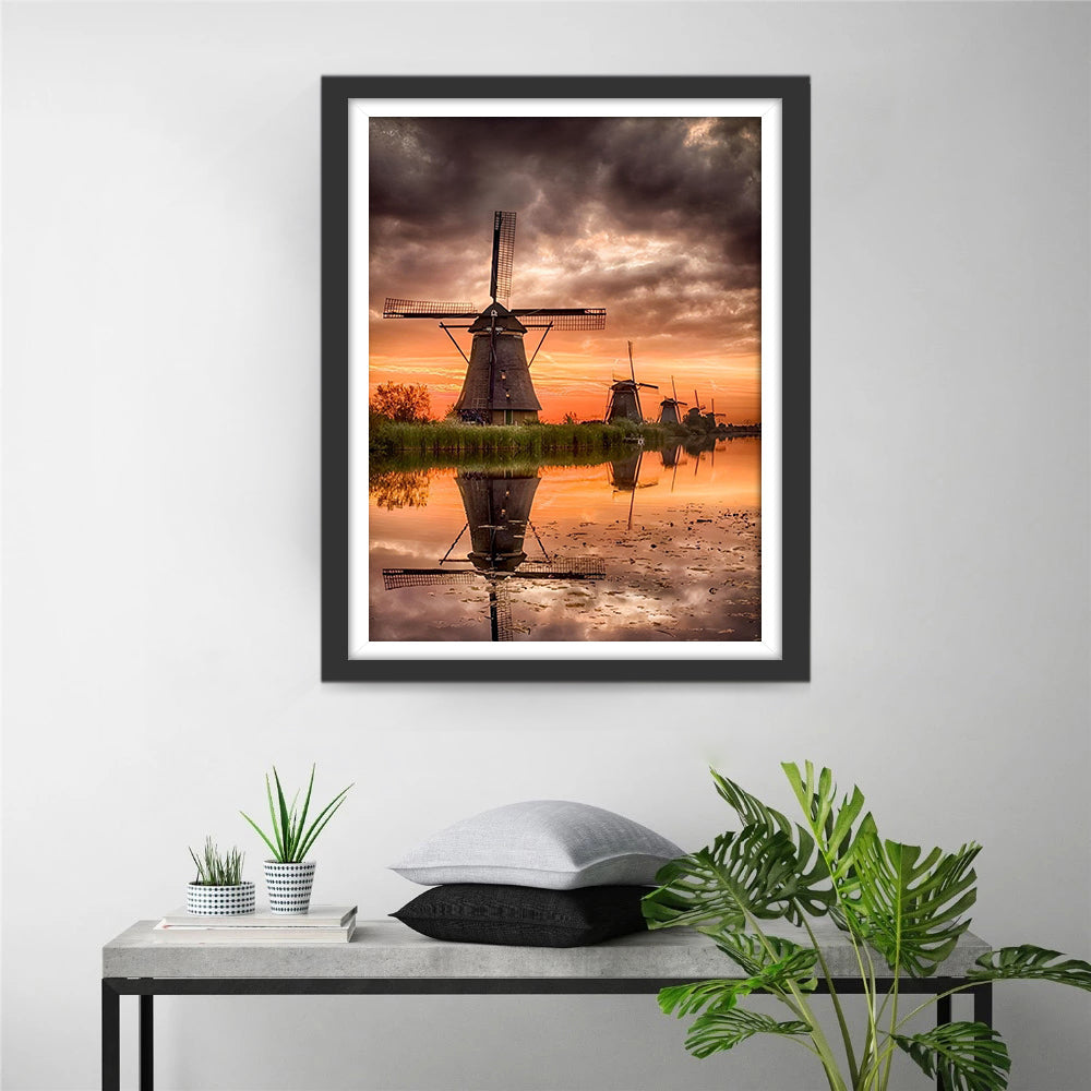 De Kalmerende Zonsondergang bij de Hollandse Molens Diamond Painting