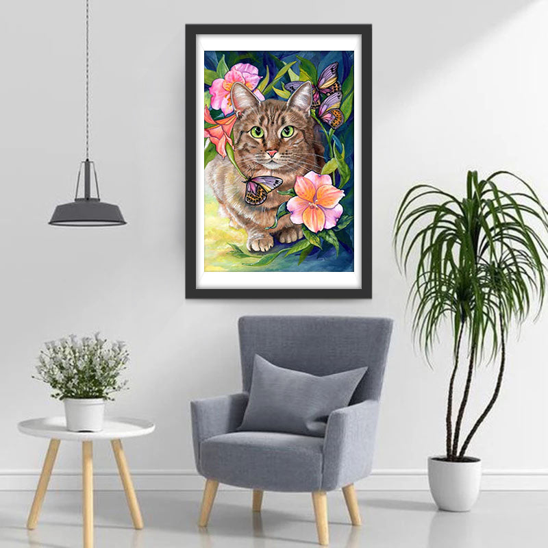 De Kat en de Vlinders naast de Bloemen Diamond Painting