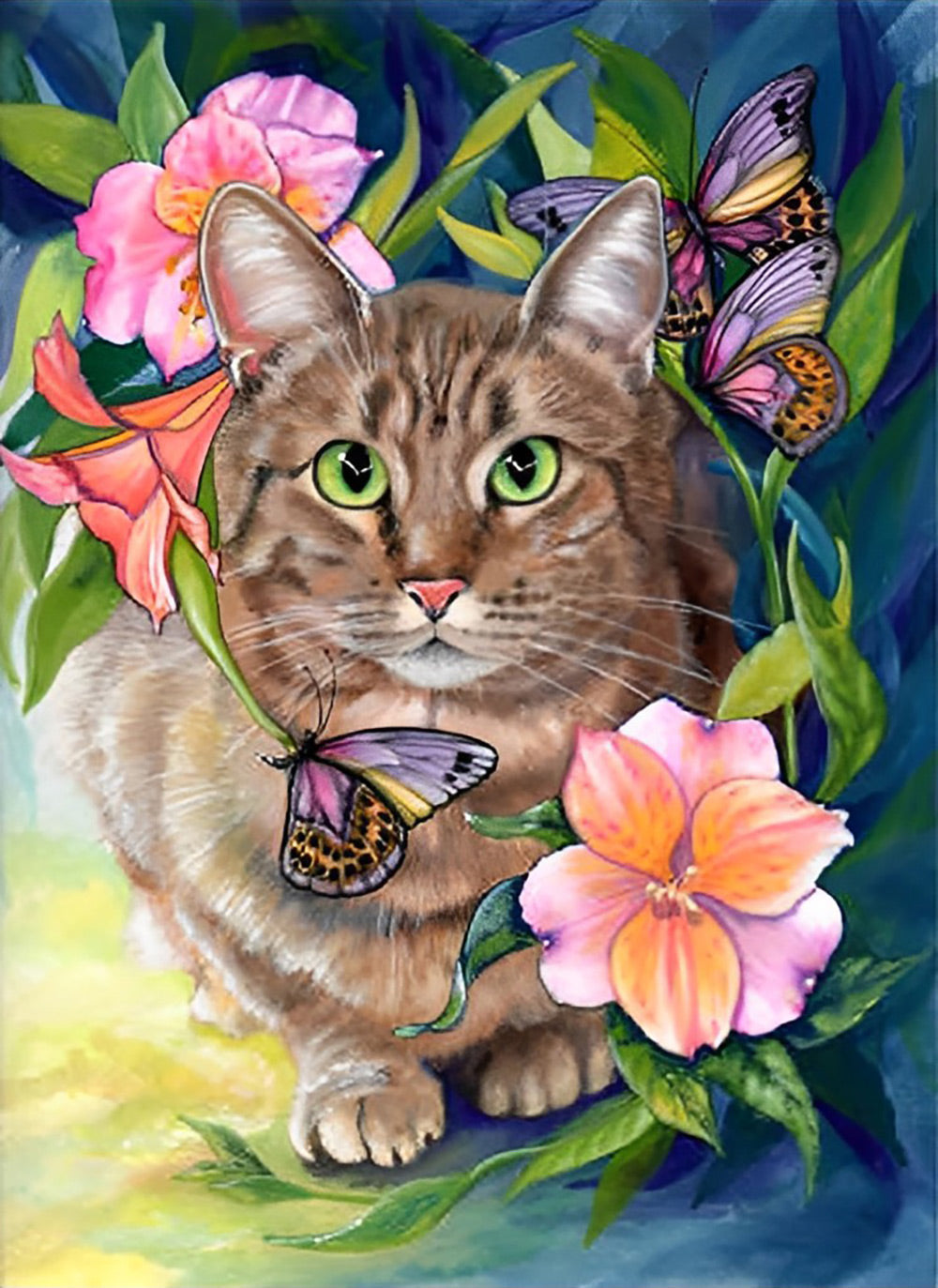 De Kat en de Vlinders naast de Bloemen Diamond Painting