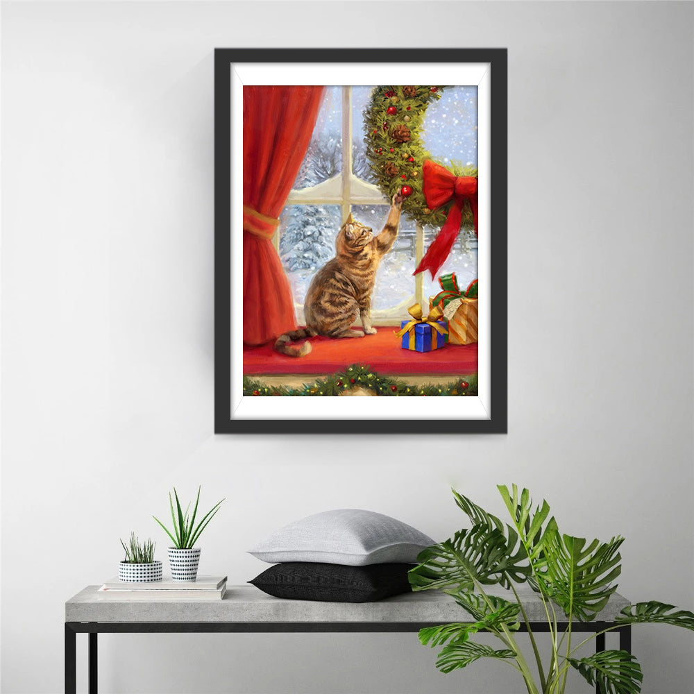 De Kat en het Kerstkransje bij het Raam Diamond Painting