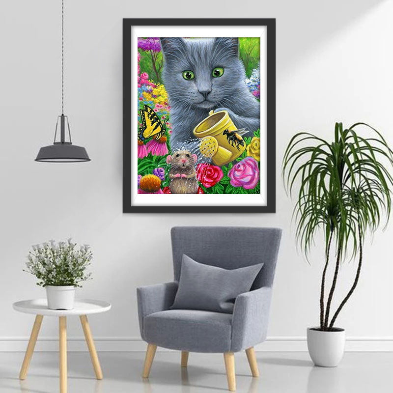 De Kat in de Struik Kijkt naar de Muis en de Vlinder Diamond Painting