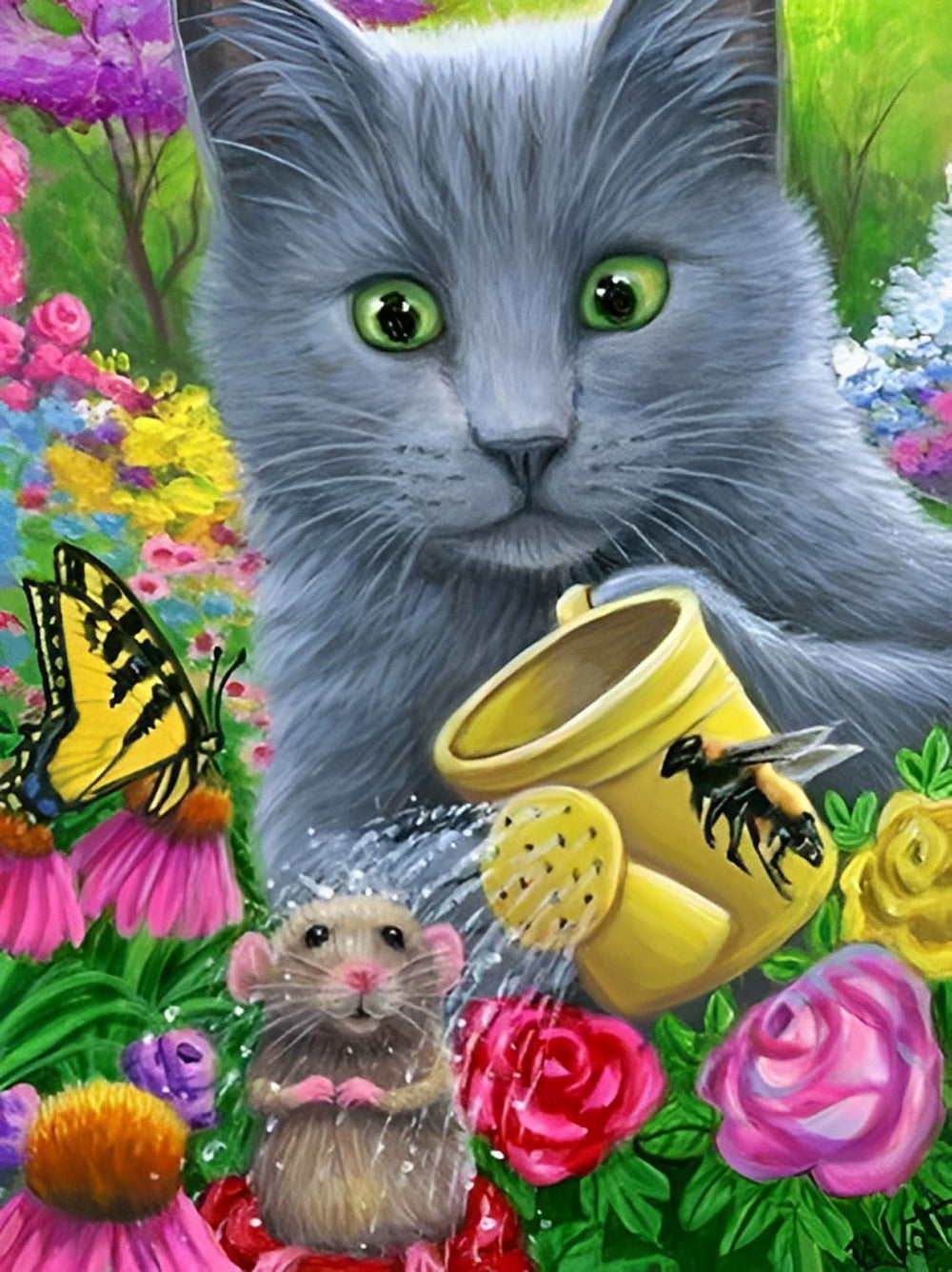 De Kat in de Struik Kijkt naar de Muis en de Vlinder Diamond Painting