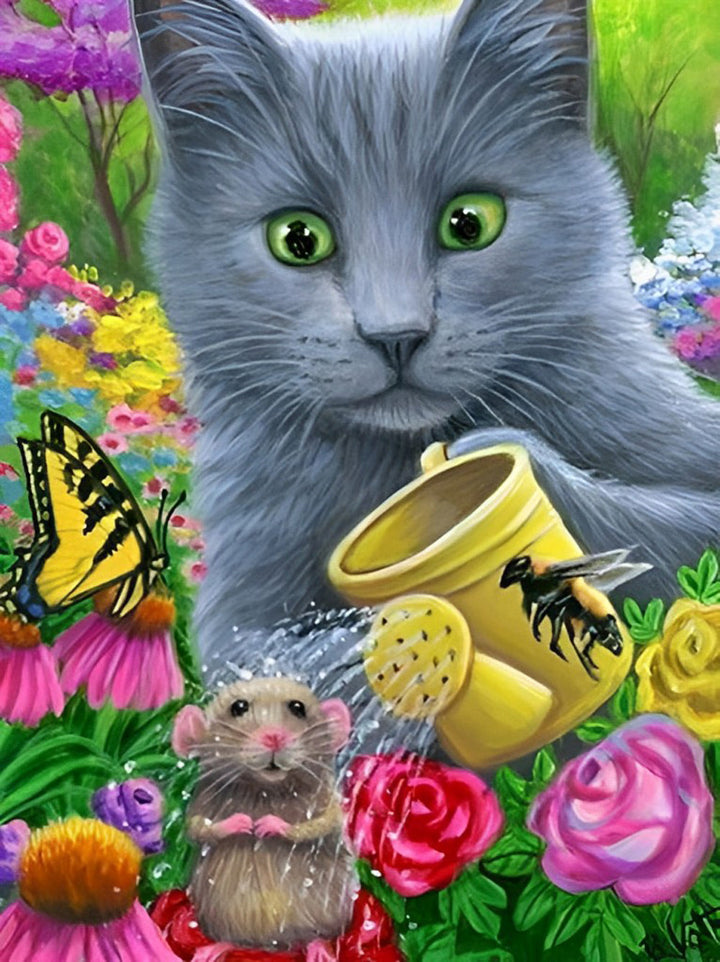 De Kat in de Struik Kijkt naar de Muis en de Vlinder Diamond Painting