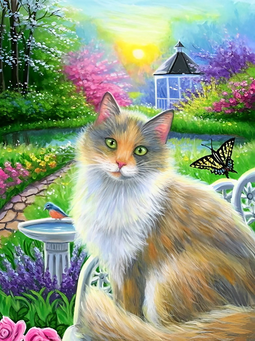 De Kat in de Zonnige Bloementuin Diamond Painting