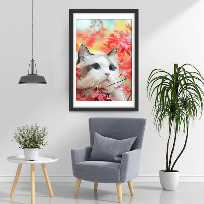 De Kat in Rode Esdoornbladeren Diamond Painting