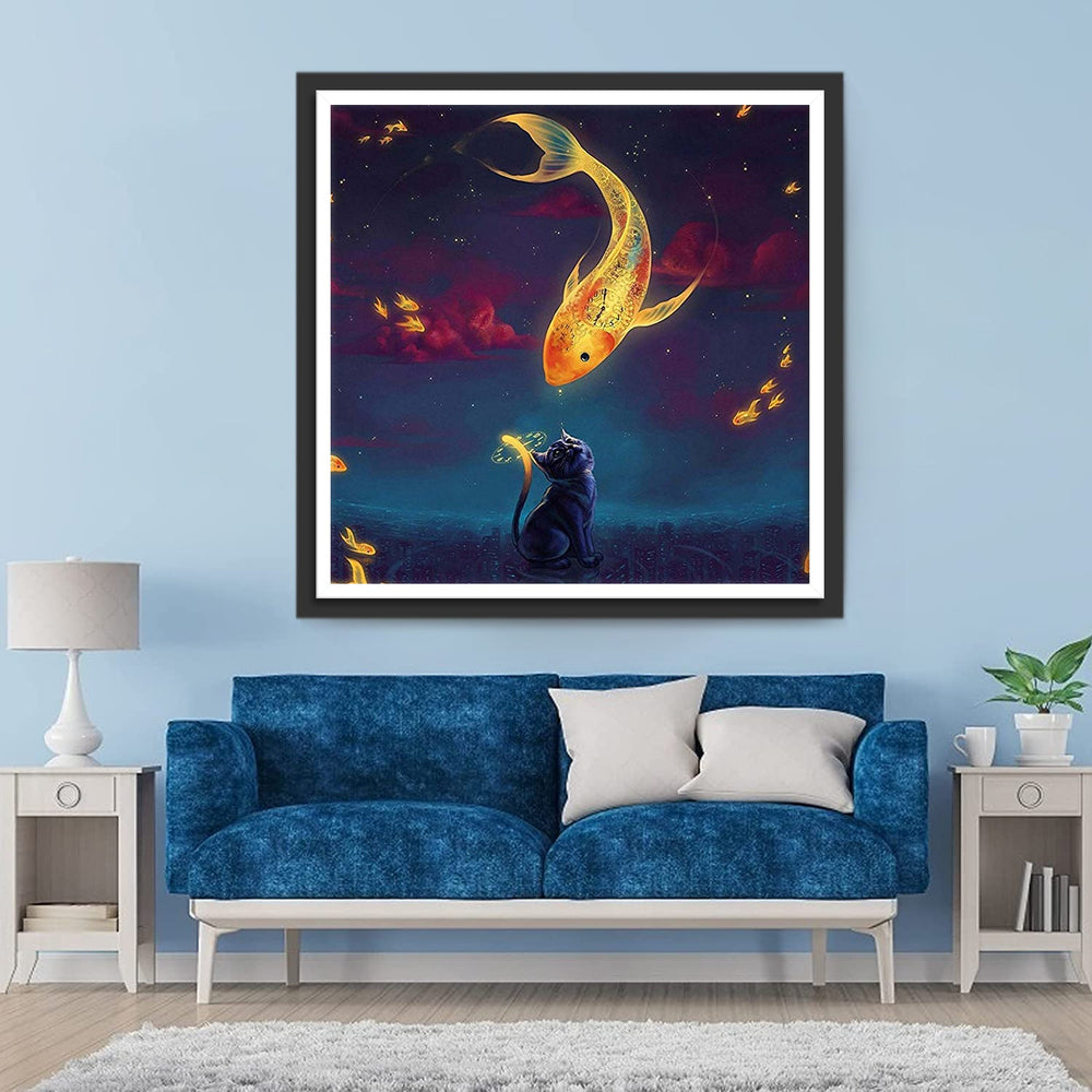 De Kat Kijkt naar de Karper in de Lucht Diamond Painting