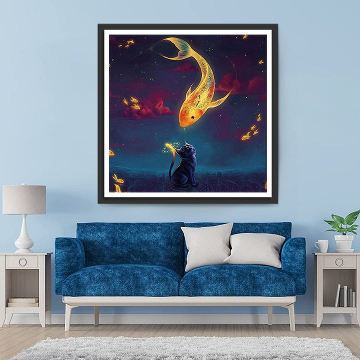 De Kat Kijkt naar de Karper in de Lucht Diamond Painting