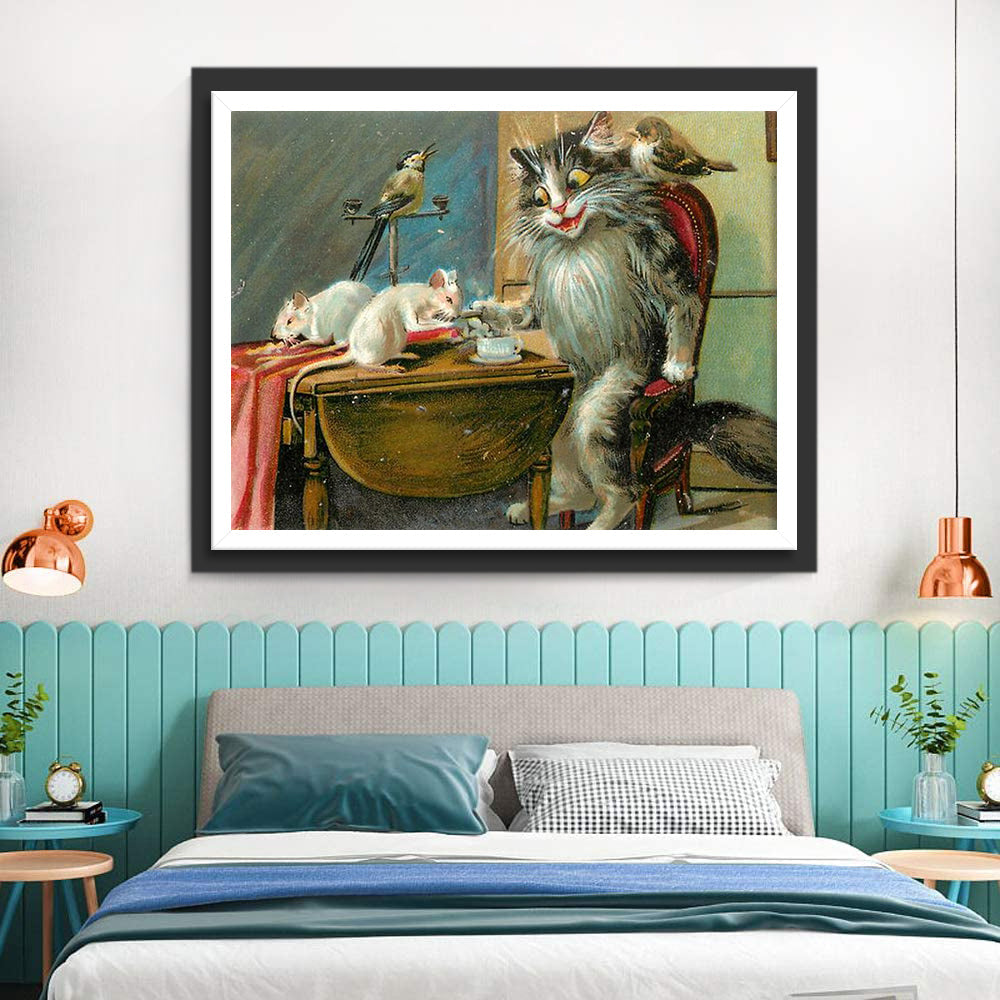 De Kat Kijkt naar de Muis die Eet Diamond Painting
