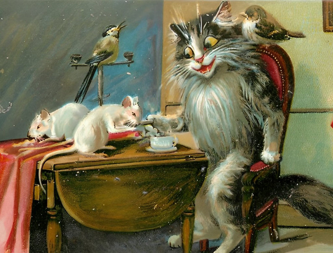 De Kat Kijkt naar de Muis die Eet Diamond Painting