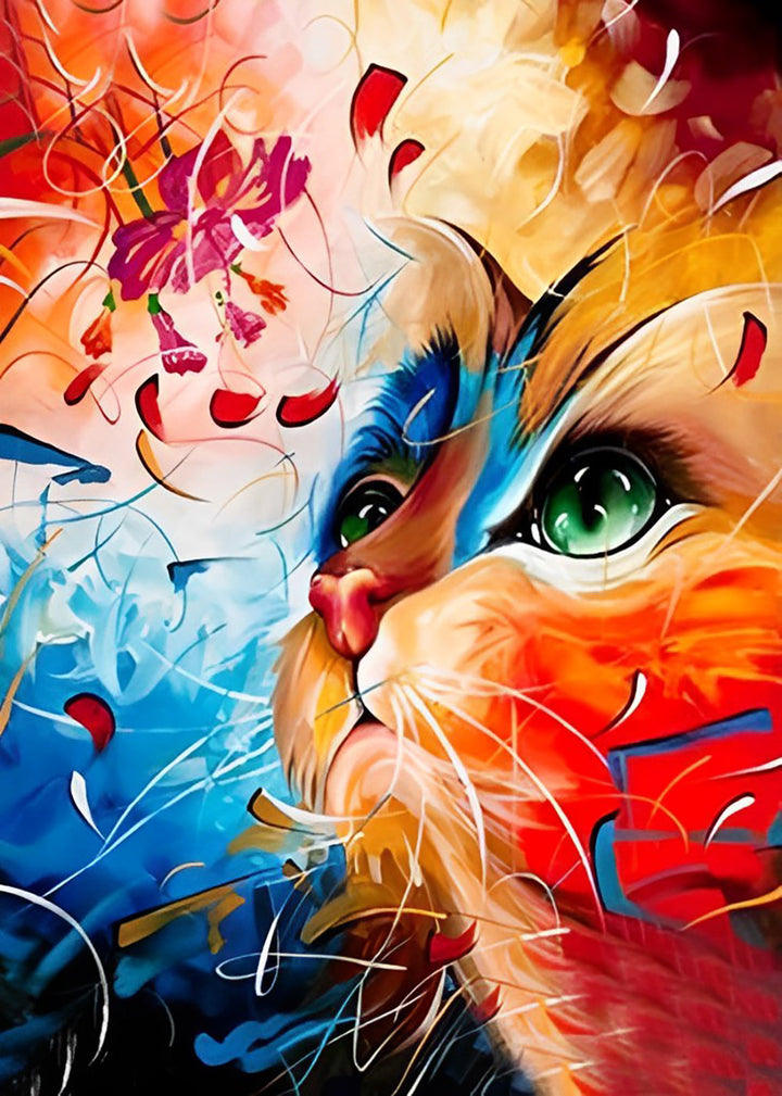 De Kat Kijkt naar de Zwevende Bloemblaadjes Diamond Painting