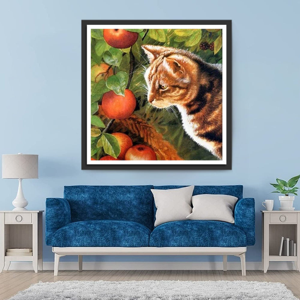 De Kat Kijkt naar het Fruit aan de Boom en in de Mand Diamond Painting