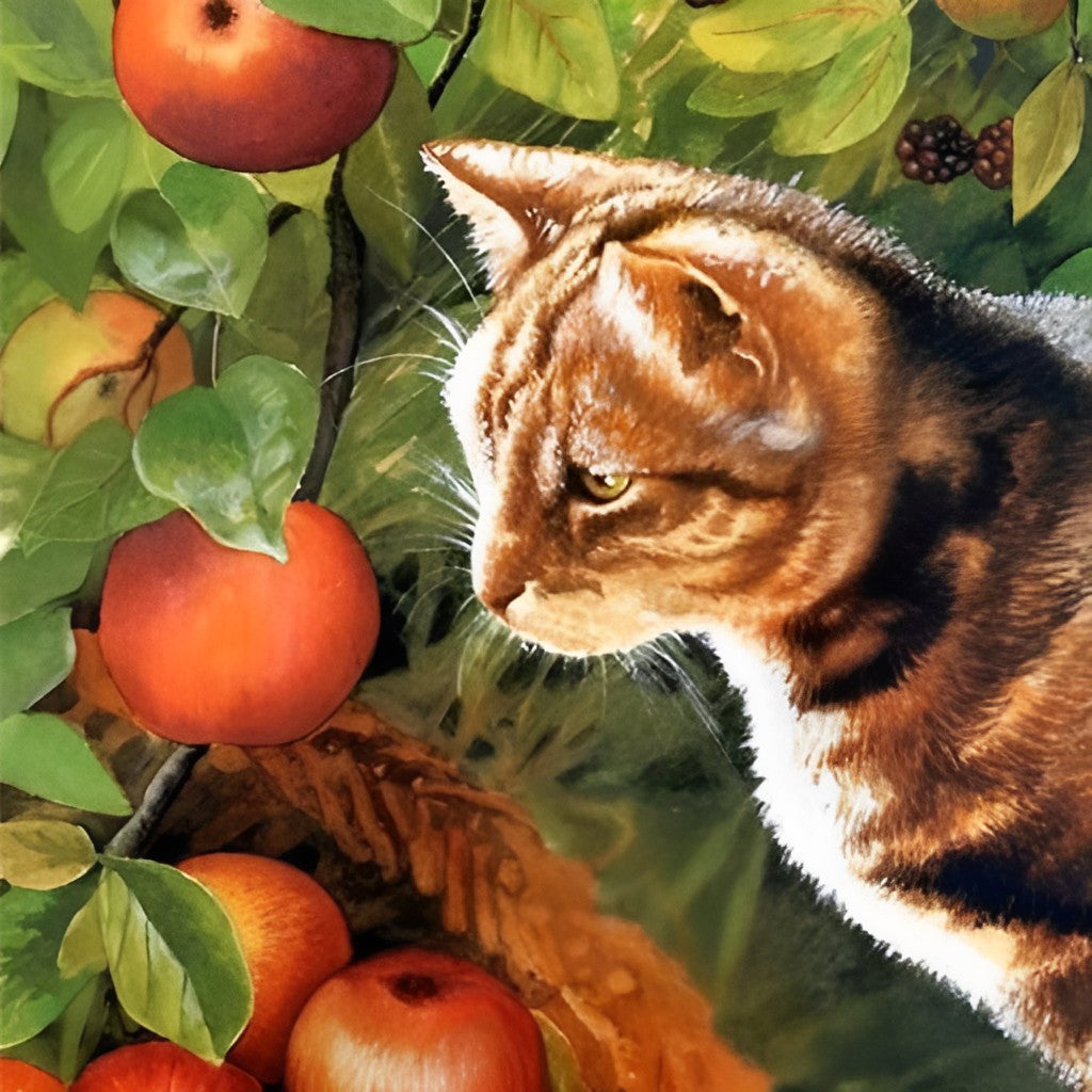 De Kat Kijkt naar het Fruit aan de Boom en in de Mand Diamond Painting