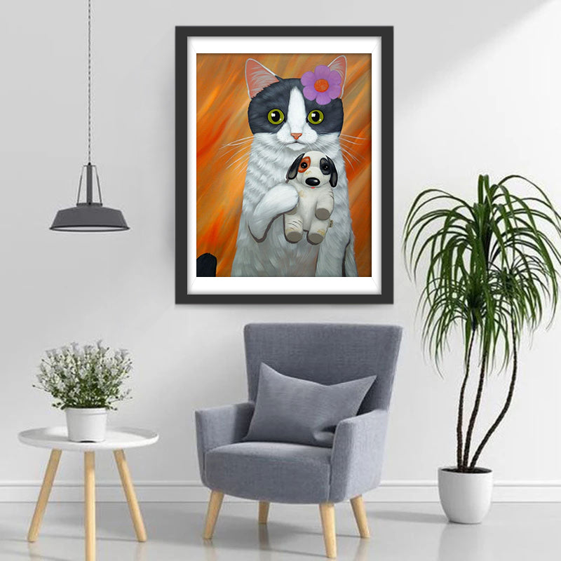 De Kat met de Bloemen Houdt een Poppenhond Vast Diamond Painting