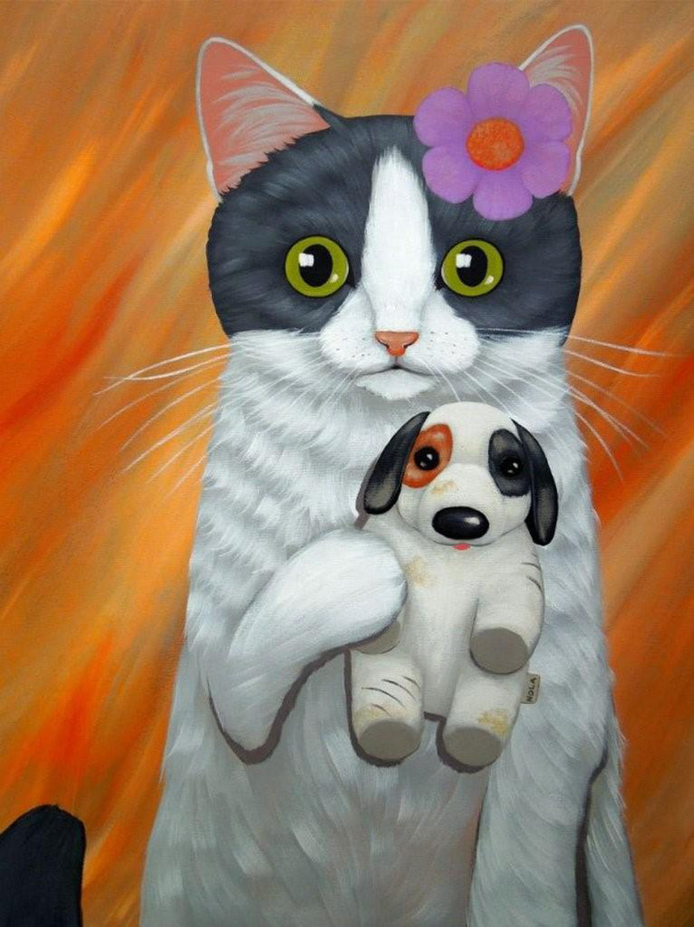 De Kat met de Bloemen Houdt een Poppenhond Vast Diamond Painting