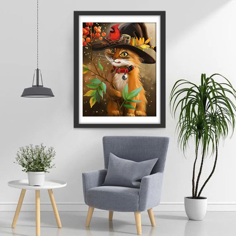 De Kat met de Cowboyhoed Houdt de Tak vast Diamond Painting