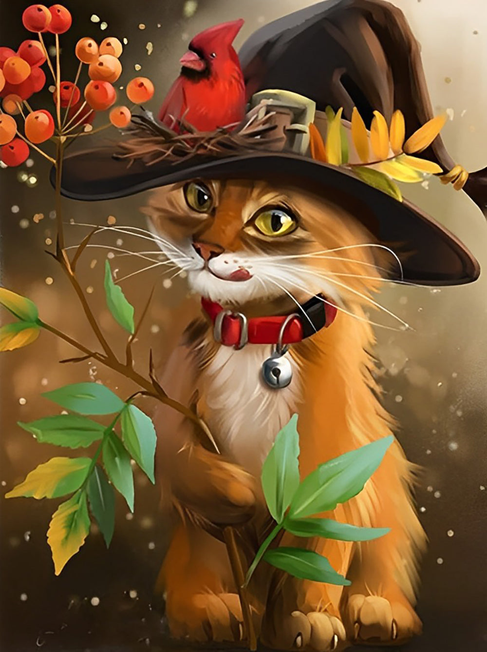 De Kat met de Cowboyhoed Houdt de Tak vast Diamond Painting