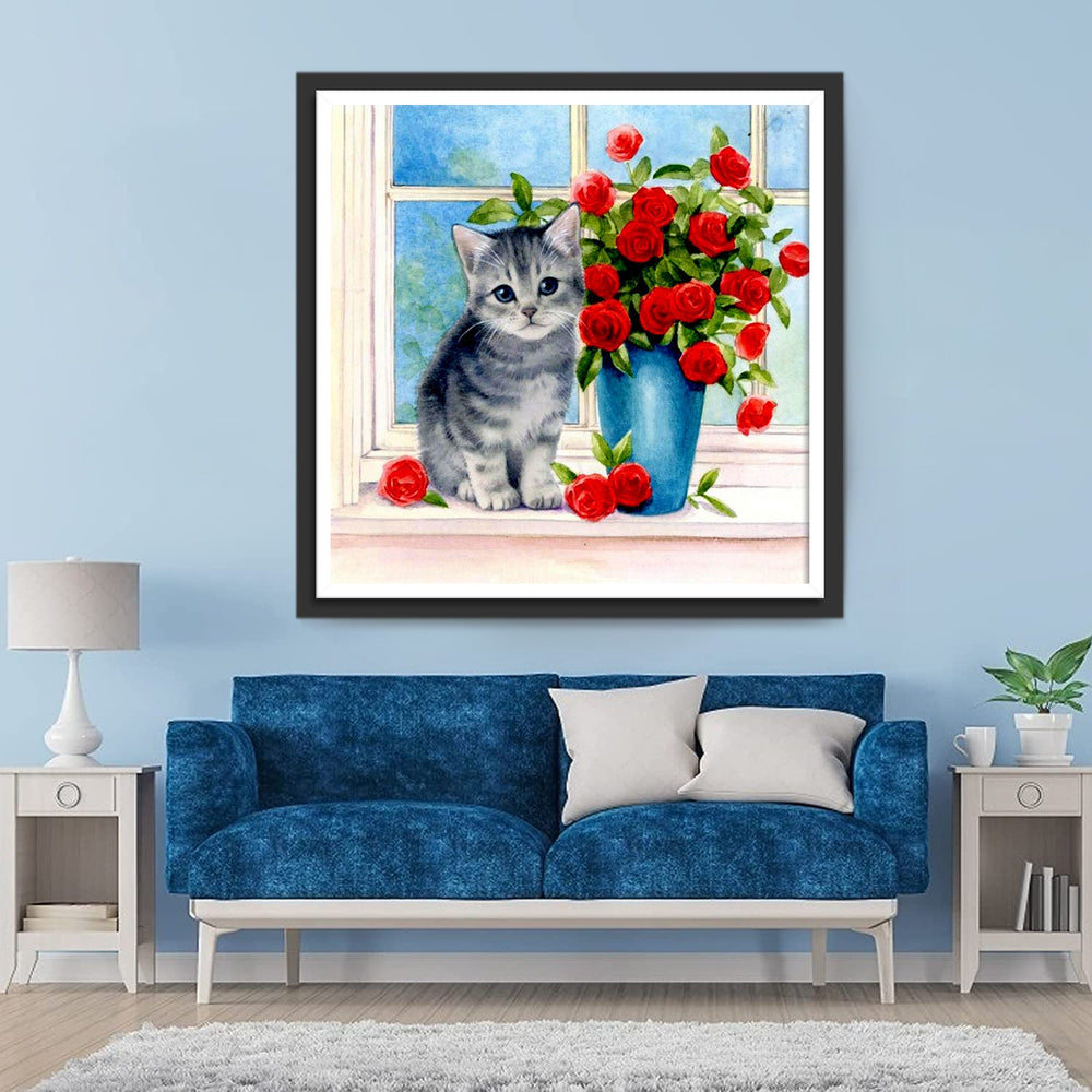 De Kat naast het Boeket Rozen Diamond Painting