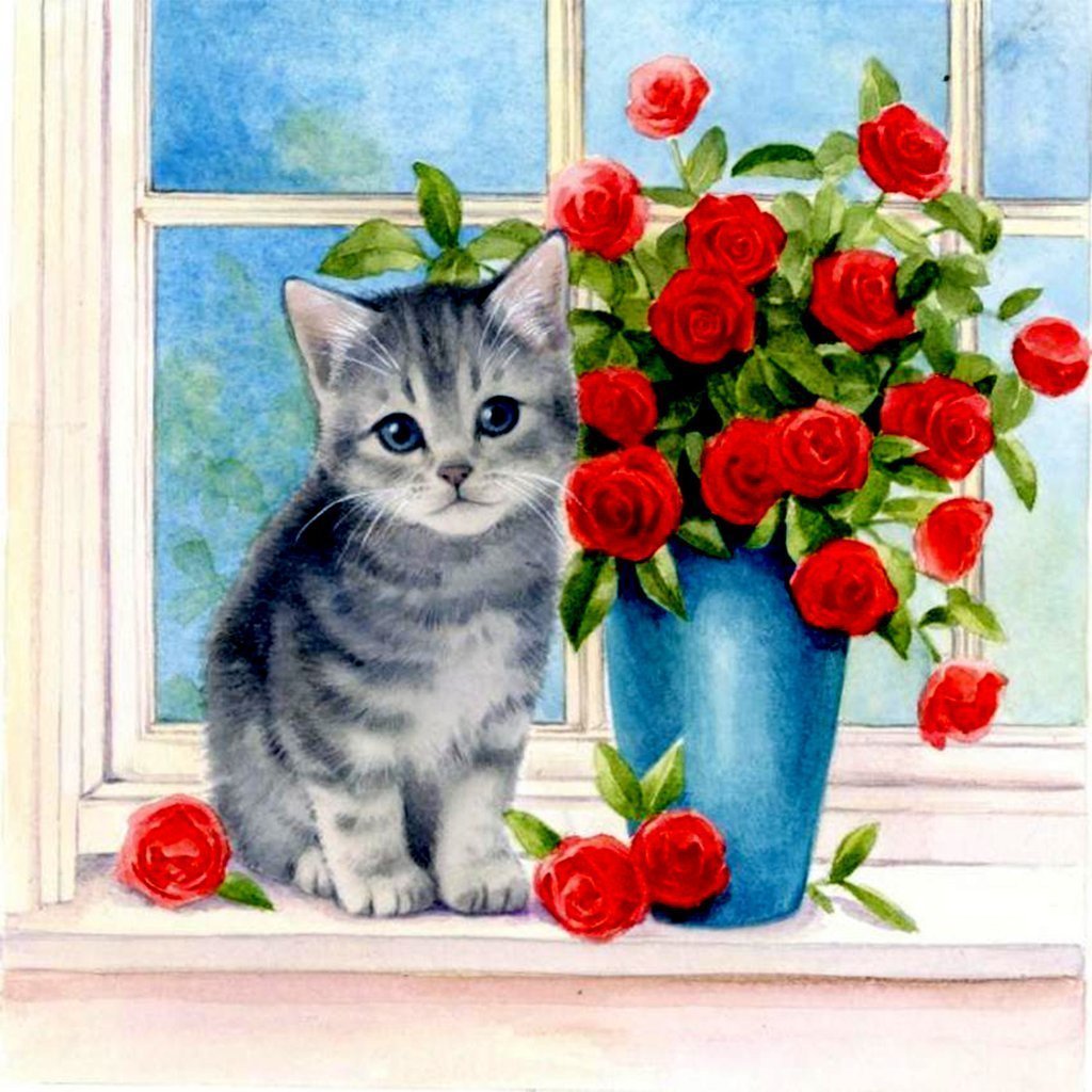 De Kat naast het Boeket Rozen Diamond Painting