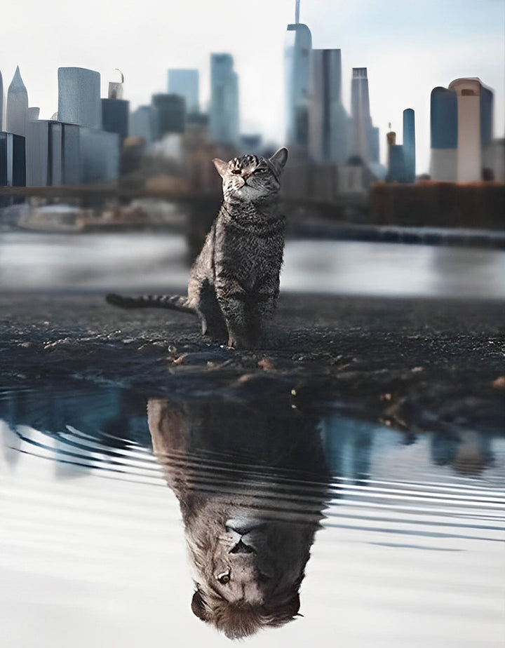 De Kat voor het Stadsgezicht en de Weerspiegeling van de Leeuw in het Water Diamond Painting