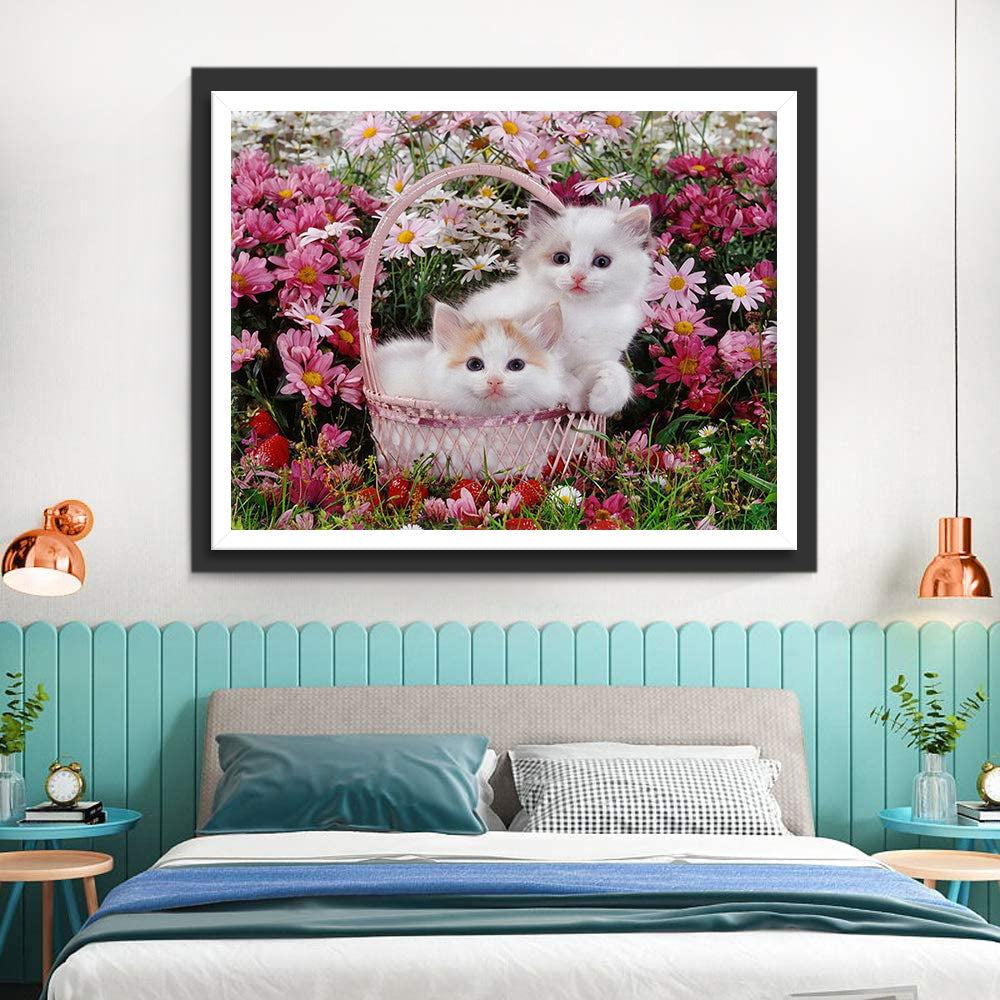 De Katten in de Roze Mand voor de Bloemen Diamond Painting