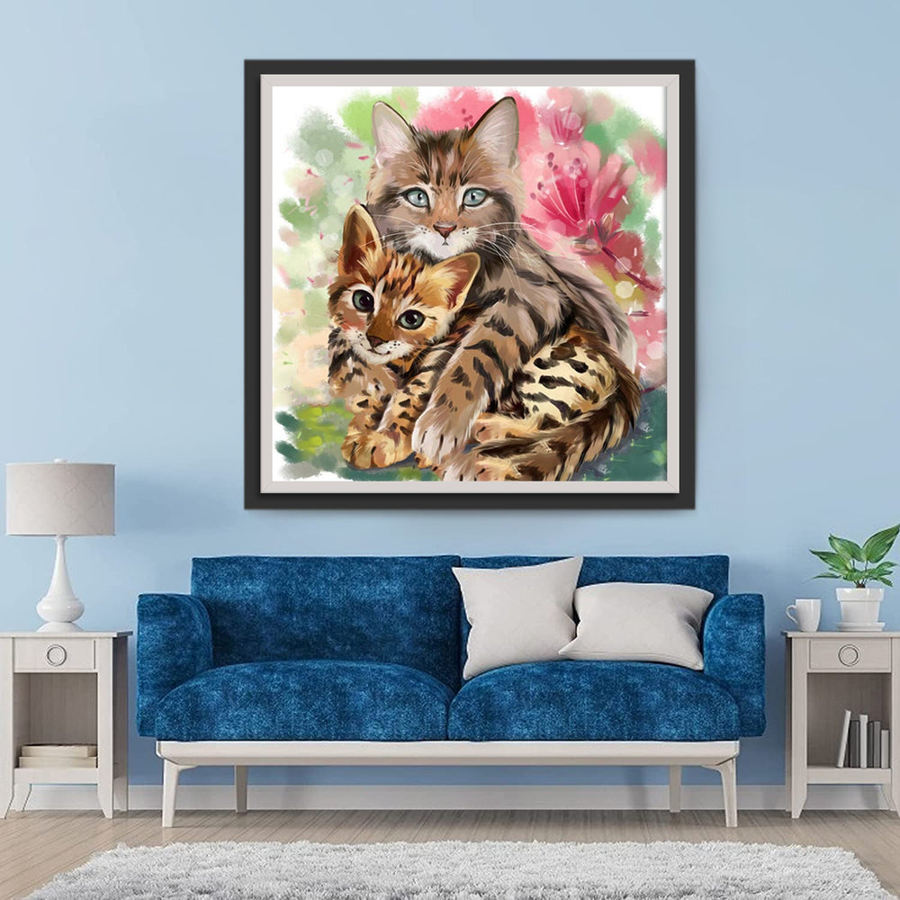 De Katten Knuffelen voor de Roze Bloemen Diamond Painting