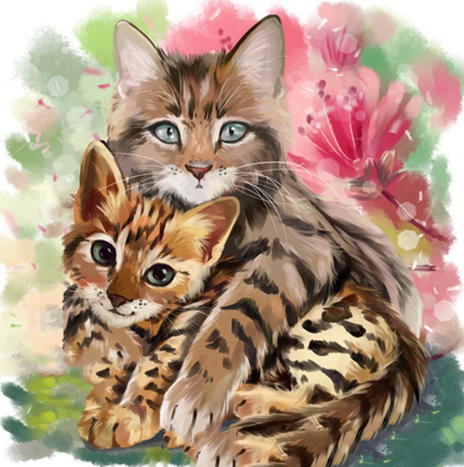 De Katten Knuffelen voor de Roze Bloemen Diamond Painting